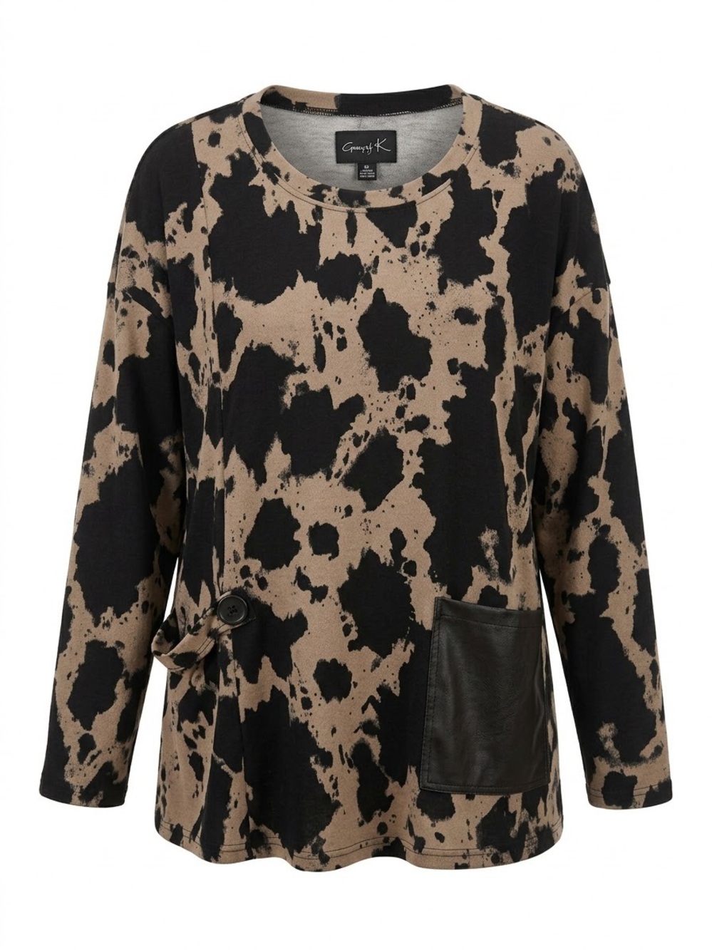 Compli K Black and Brown Abstract Print Long Sleeve Pullover Knit Tunic Sweater